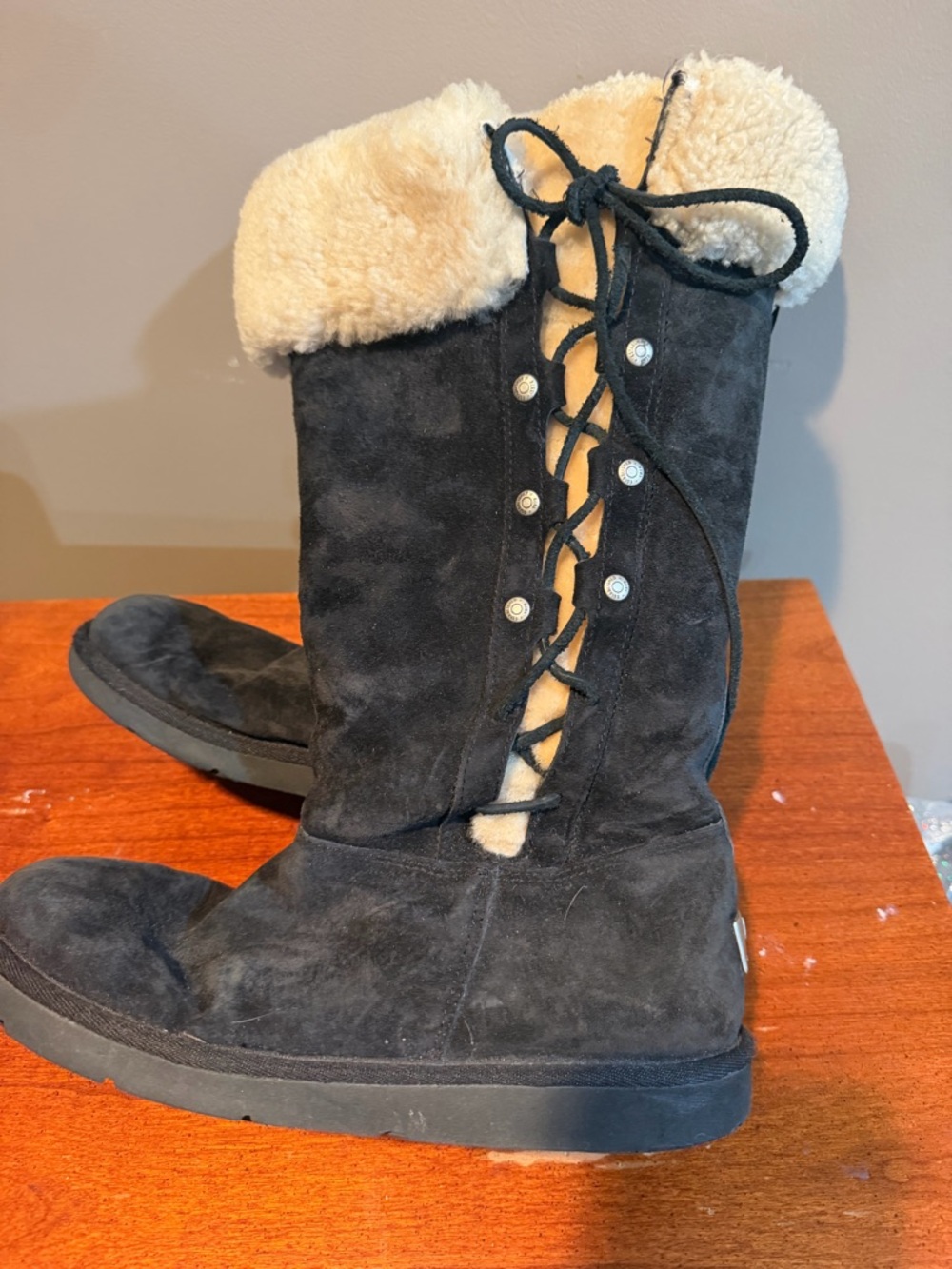 UGG Black Suede Lace-Up Shearling Winter Boots with Cream Trim